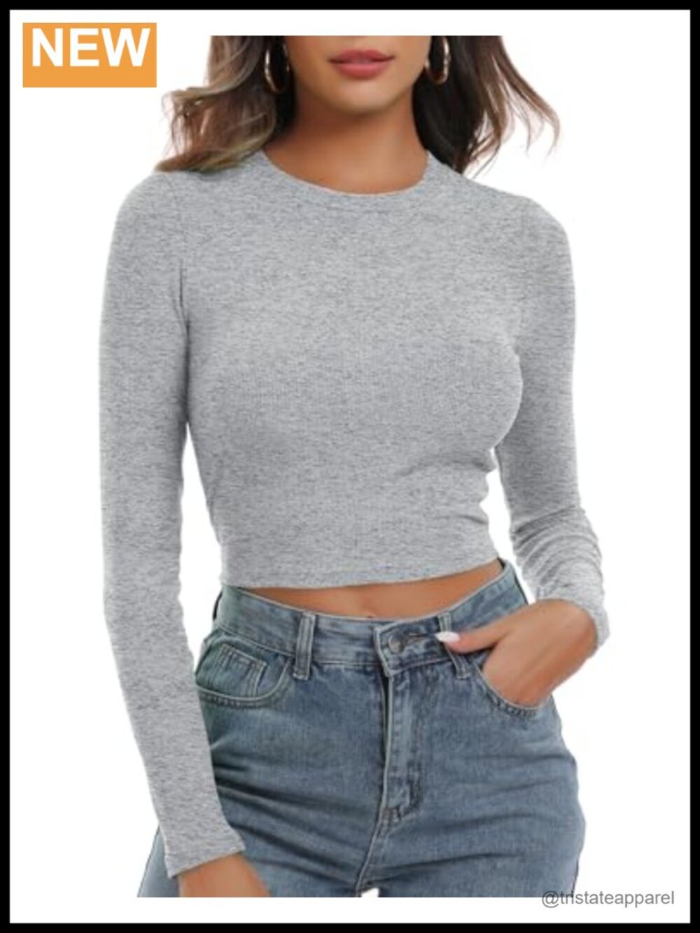Women's Ribbed Knit Long Sleeve Fitted Crop Top Crew Neck Casual Basic